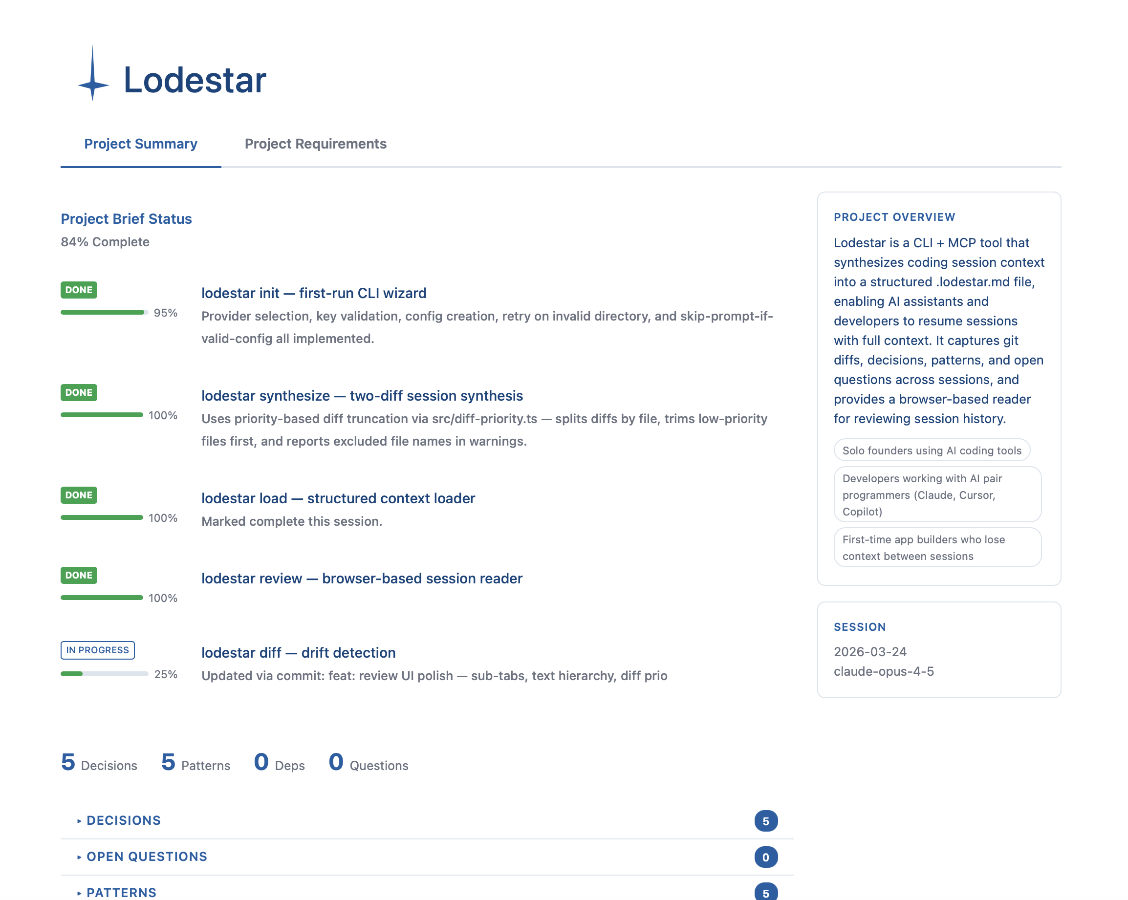 Lodestar project status dashboard showing feature completion, decisions, and session context